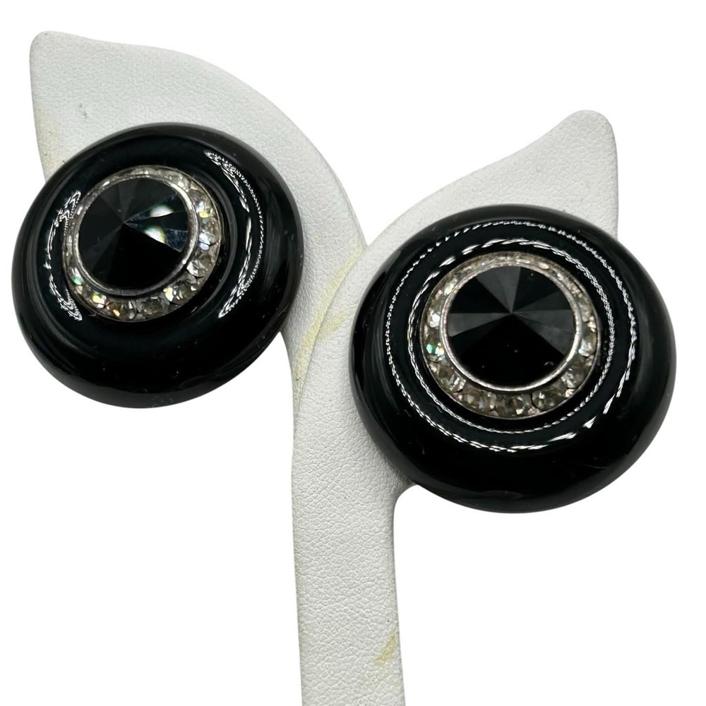 Vintage Joni 1980’s Black Glass Rivoli Rhinestone Clip Earrings